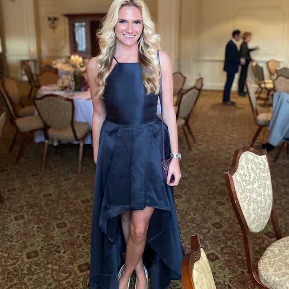 Lulus NavyBlue Broadway Show High-Low MidWeight Taffeta Construction Gown NWOT M - Picture 5 of 16